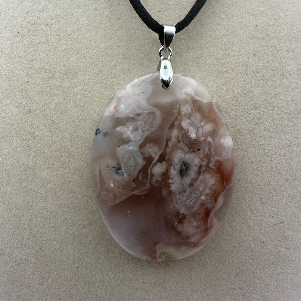 Oval Flower Agate Pendant on Satin Rope - Picture 10 of 11